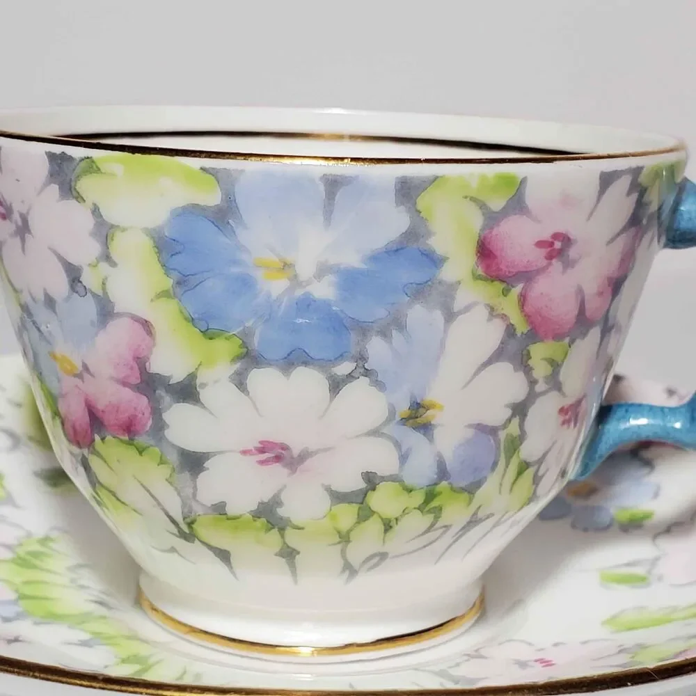 Crown Staffordshire Teacup and Saucer Pink Blue Flowers